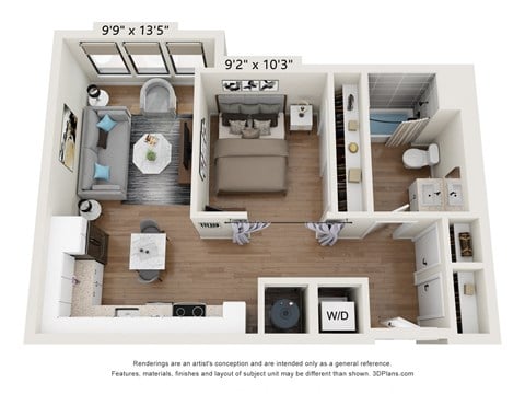 Floor plan for 1 bed, 1 bath, 623 sqft